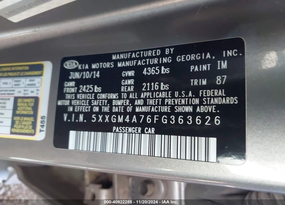 2015 KIA OPTIMA LX VIN: 5XXGM4A76FG363626