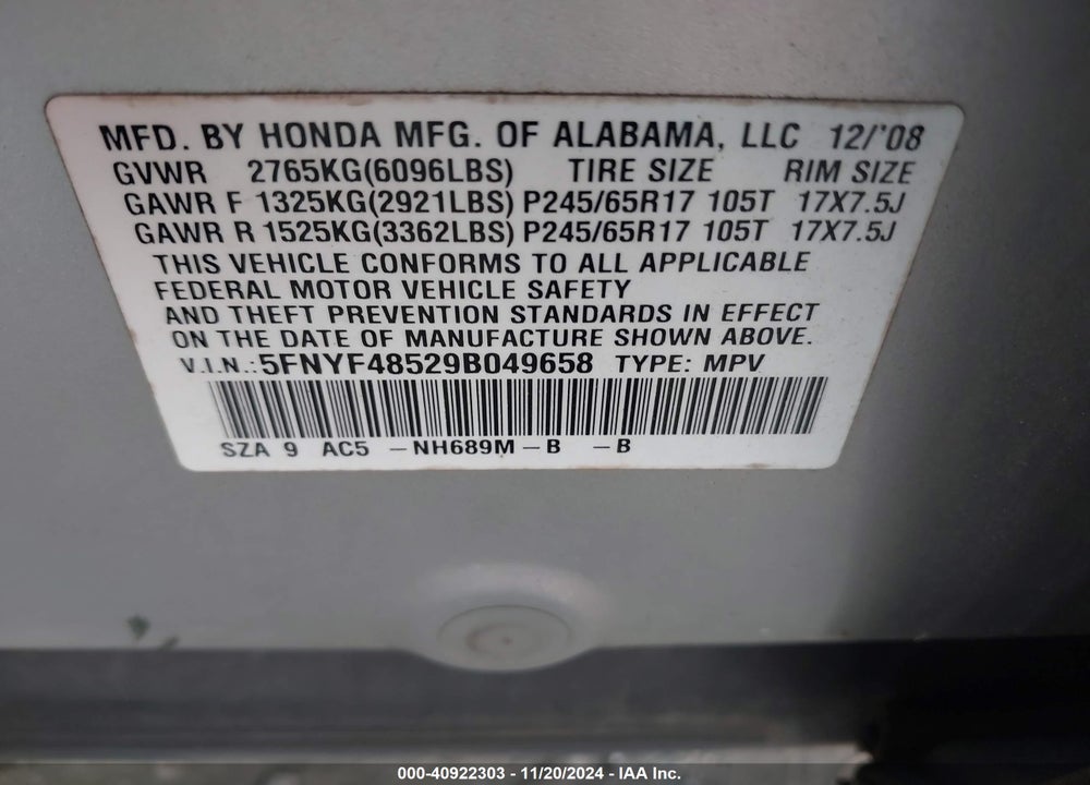 2009 HONDA PILOT EX-L VIN: 5FNYF48529B049658