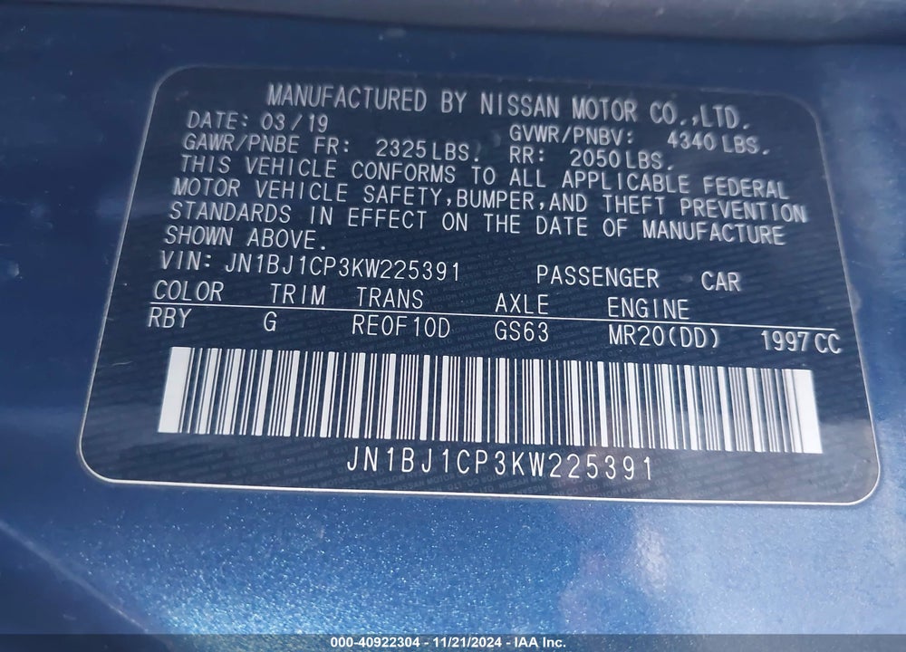 2019 NISSAN ROGUE SPORT S VIN: JN1BJ1CP3KW225391