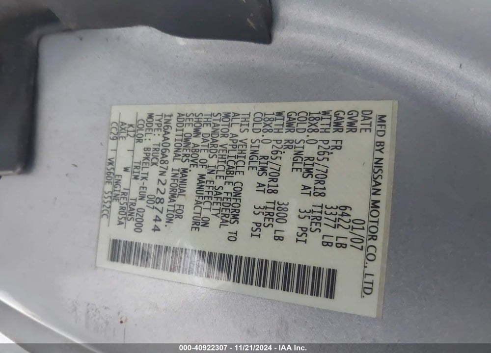 2007 NISSAN TITAN SE VIN: 1N6AA06A87N228744