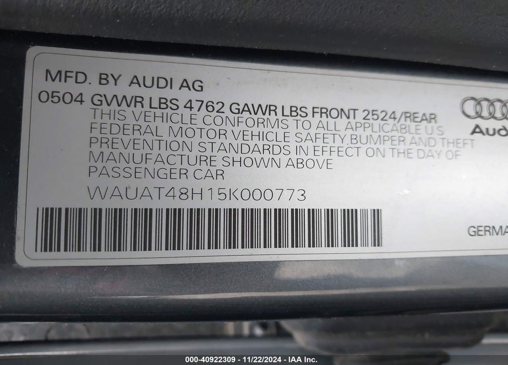 2005 AUDI A4 3.0 VIN: WAUAT48H15K000773