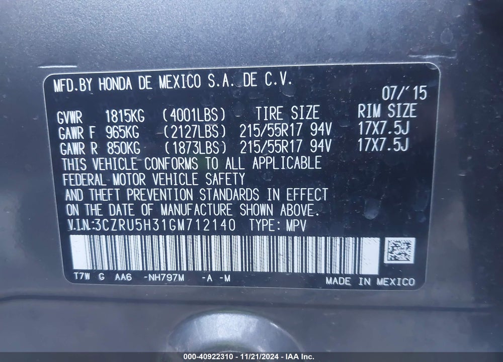 2016 HONDA HR-V LX VIN: 3CZRU5H31GM712140