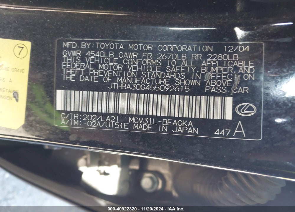 2005 LEXUS ES 330 VIN: JTHBA30G455092615