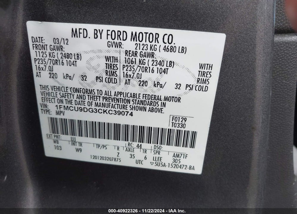 2012 FORD ESCAPE XLT VIN: 1FMCU9DG3CKC39074