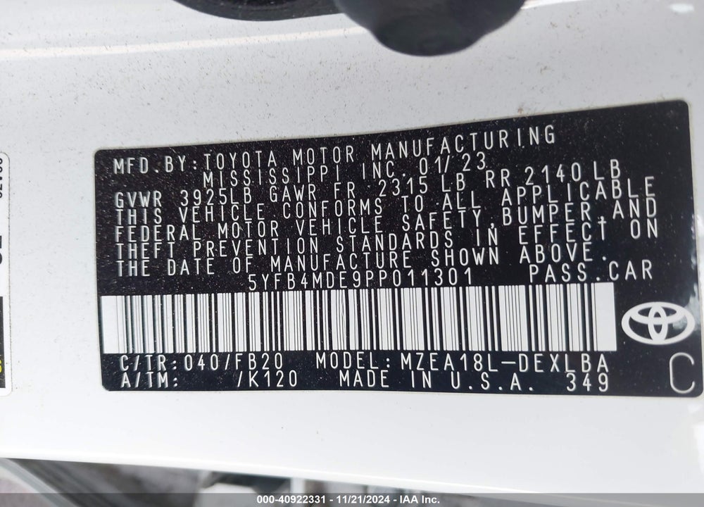 2023 TOYOTA COROLLA LE VIN: 5YFB4MDE9PP011301