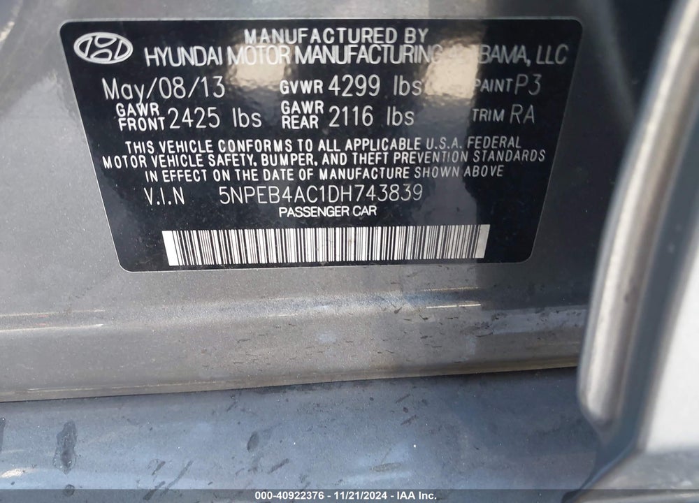 2013 HYUNDAI SONATA VIN: 5NPEB4AC1DH743839