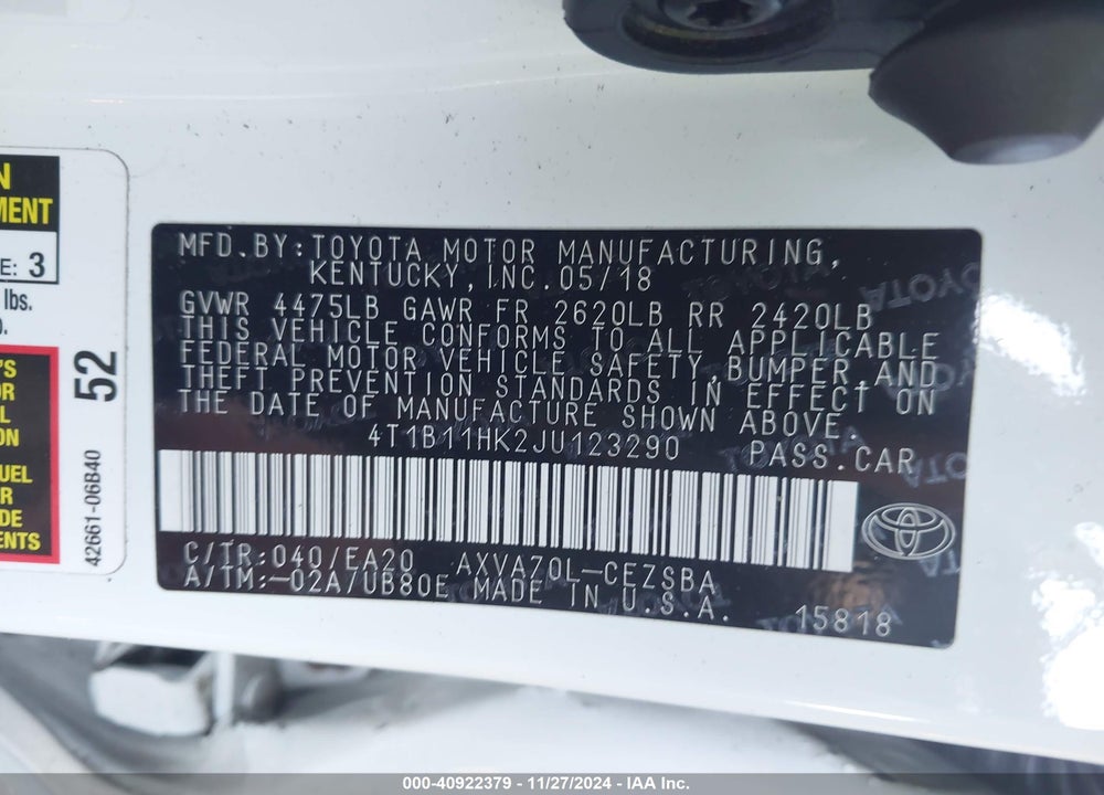 2018 TOYOTA CAMRY SE VIN: 4T1B11HK2JU123290