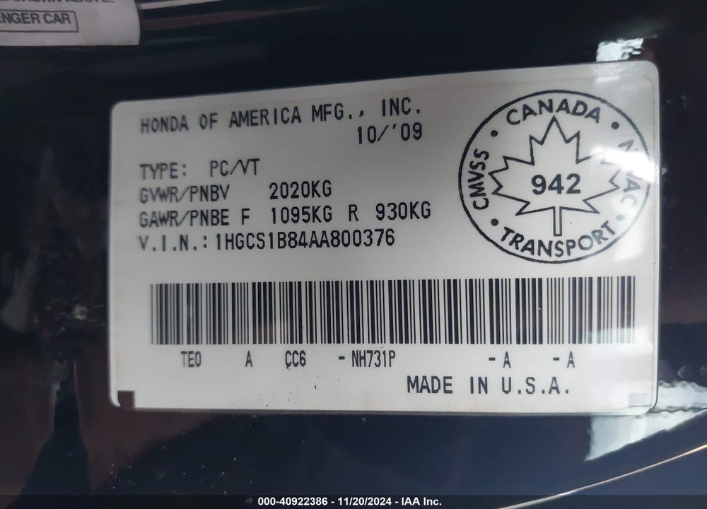 2010 HONDA ACCORD 2.4 EX-L VIN: 1HGCS1B84AA800376