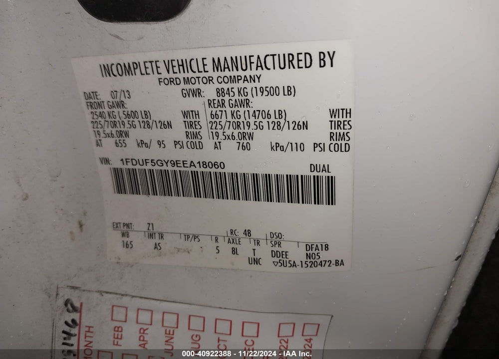 2014 FORD F-550 CHASSIS XL VIN: 1FDUF5GY9EEA18060