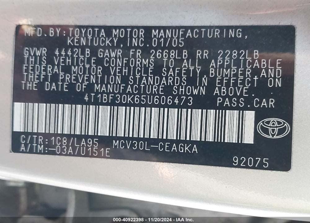 2005 TOYOTA CAMRY XLE V6 VIN: 4T1BF30K65U606473