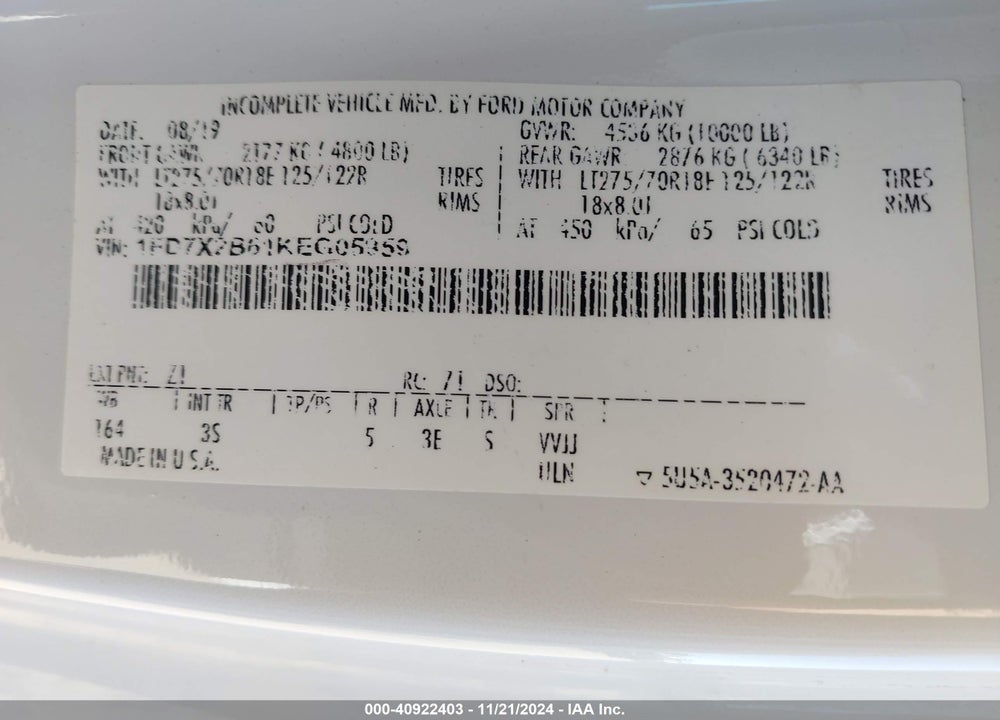 2019 FORD F-250 XLT VIN: 1FD7X2B61KEG05959
