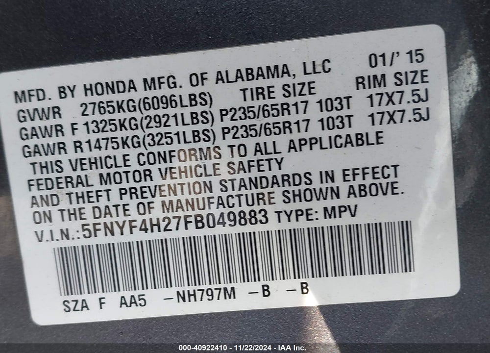 2015 HONDA PILOT LX VIN: 5FNYF4H27FB049883