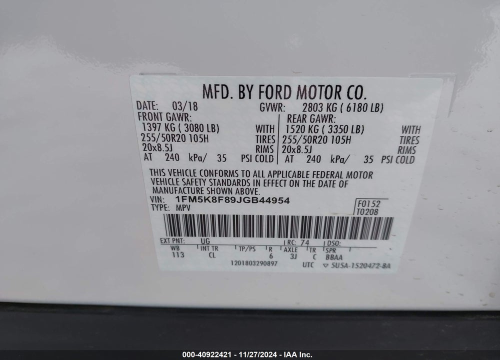 2018 FORD EXPLORER LIMITED VIN: 1FM5K8F89JGB44954