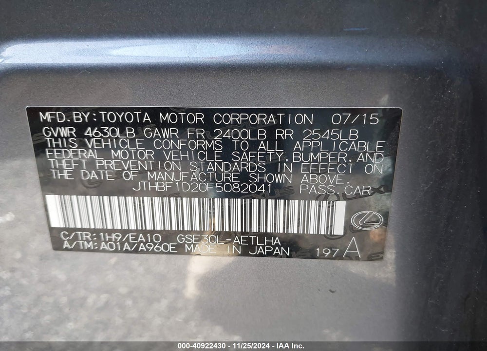 2015 LEXUS IS 250 VIN: JTHBF1D20F5082041