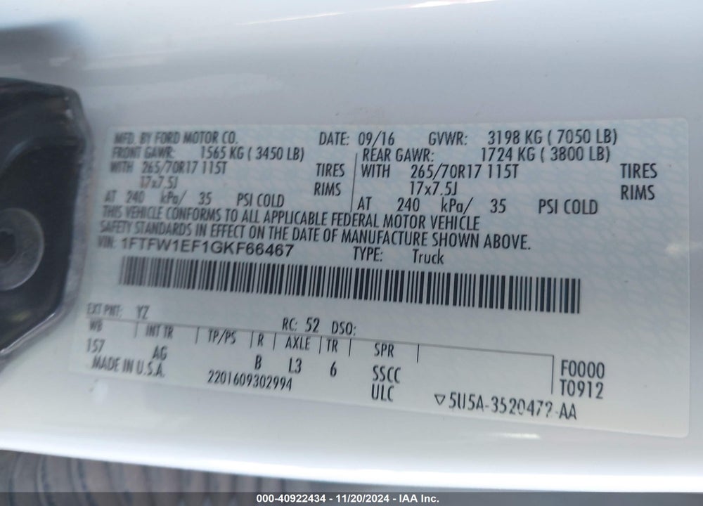 2016 FORD F-150 XL VIN: 1FTFW1EF1GKF66467