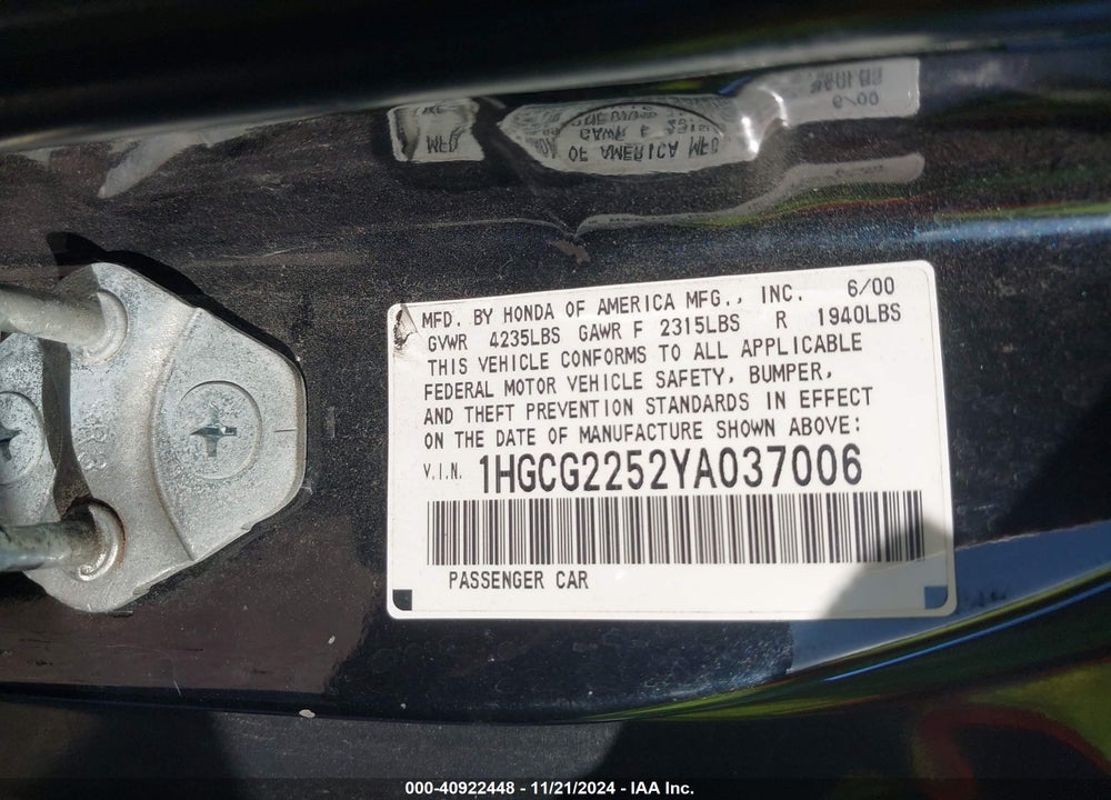 2000 HONDA ACCORD 3.0 EX VIN: 1HGCG2252YA037006