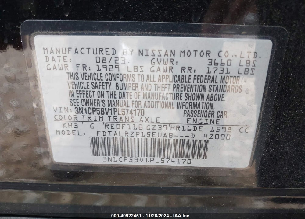 2023 NISSAN KICKS S XTRONIC CVT VIN: 3N1CP5BV1PL574170