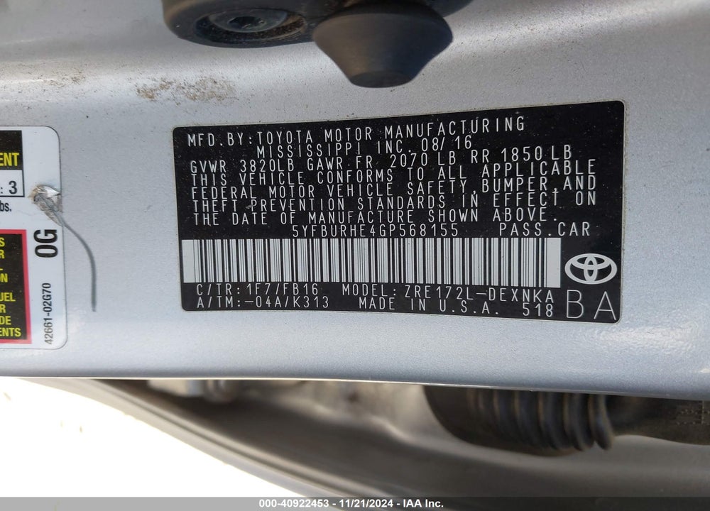 2016 TOYOTA COROLLA LE PLUS VIN: 5YFBURHE4GP568155