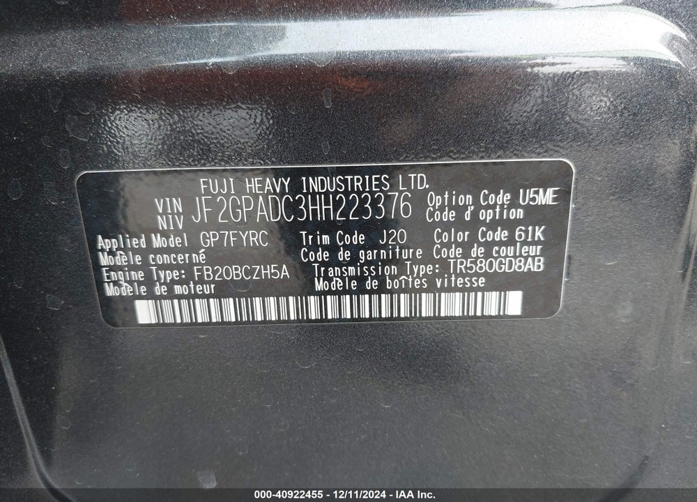 2017 SUBARU CROSSTREK 2.0I PREMIUM VIN: JF2GPADC3HH223376