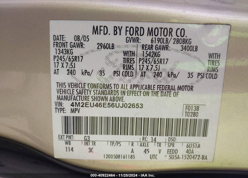 2006 MERCURY MOUNTAINEER CONVENIENCE VIN: 4M2EU46E56UJ02653