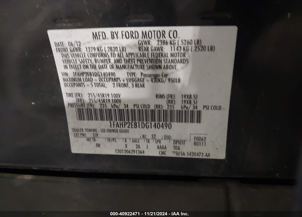 2013 FORD TAURUS SEL VIN: 1FAHP2E81DG140490