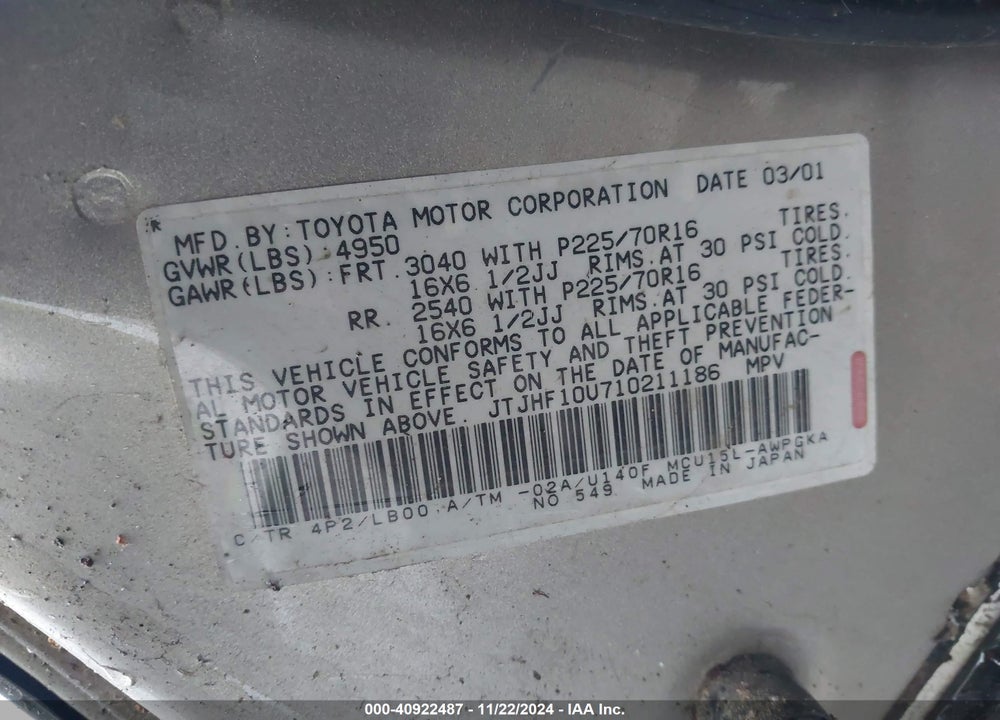 2001 LEXUS RX 300 VIN: JTJHF10U710211186