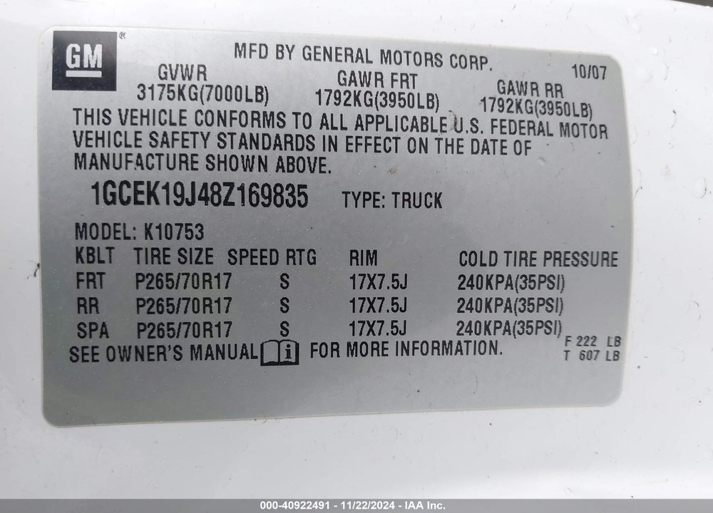 2008 CHEVROLET SILVERADO 1500 LT1 VIN: 1GCEK19J48Z169835