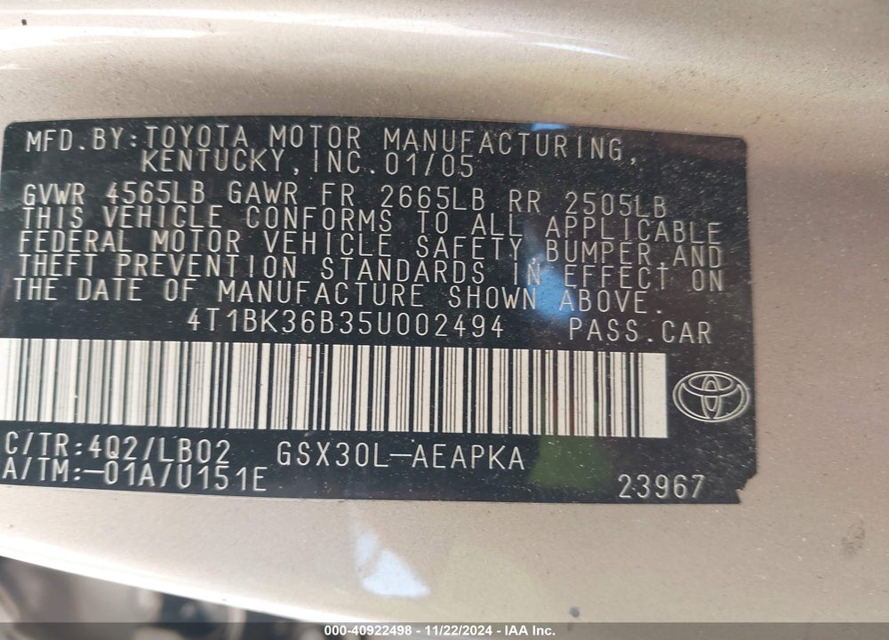 2005 TOYOTA AVALON LIMITED VIN: 4T1BK36B35U002494