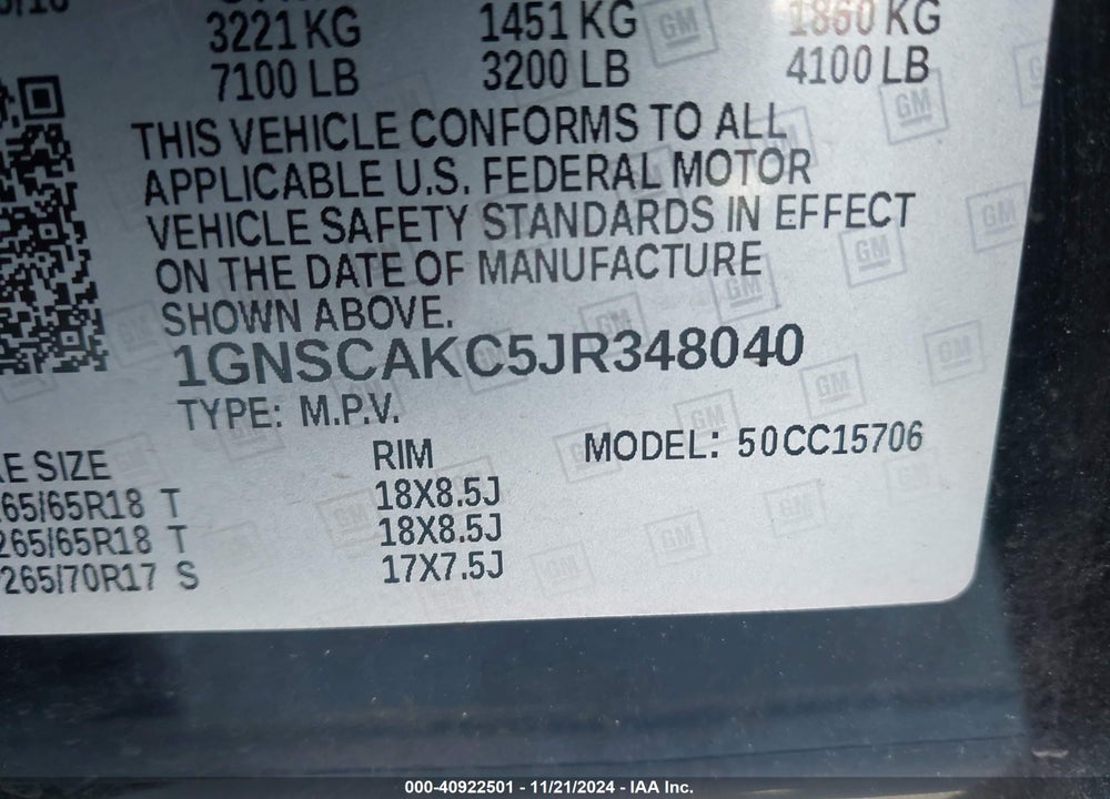 2018 CHEVROLET TAHOE LS VIN: 1GNSCAKC5JR348040