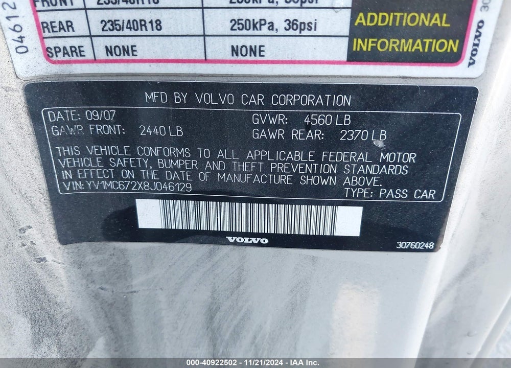 2008 VOLVO C70 T5 VIN: YV1MC672X8J046129