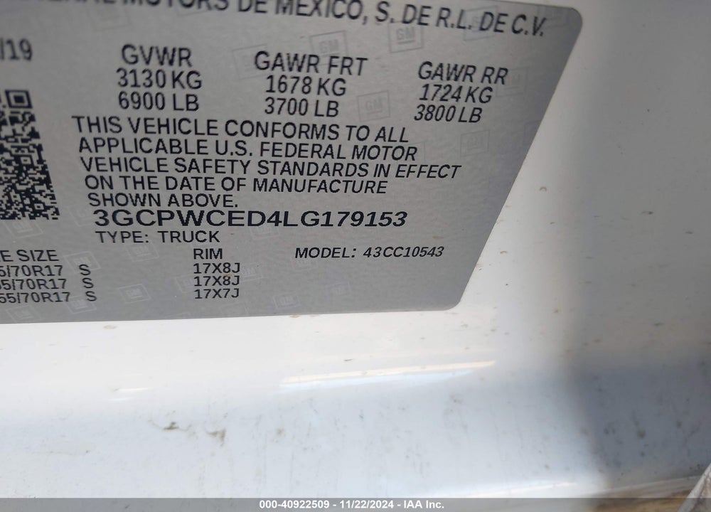 2020 CHEVROLET SILVERADO 1500 2WD SHORT BED LT VIN: 3GCPWCED4LG179153