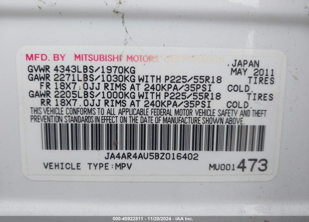 2011 MITSUBISHI OUTLANDER SPORT SE VIN: JA4AR4AU5BZ016402