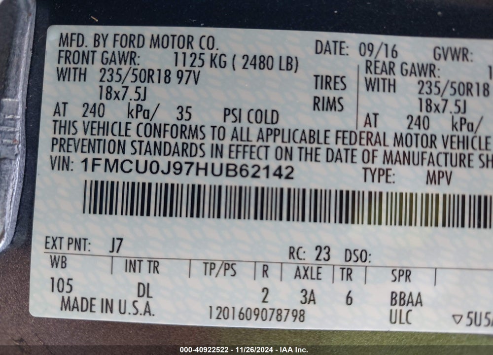 2017 FORD ESCAPE TITANIUM VIN: 1FMCU0J97HUB62142