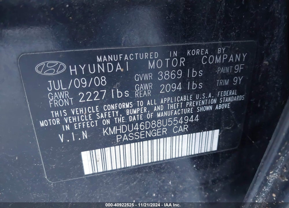 2008 HYUNDAI ELANTRA GLS/SE VIN: KMHDU46D88U554944