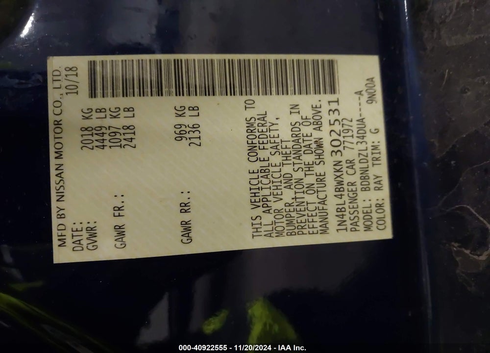 2019 NISSAN ALTIMA 2.5 S VIN: 1N4BL4BWXKN302531