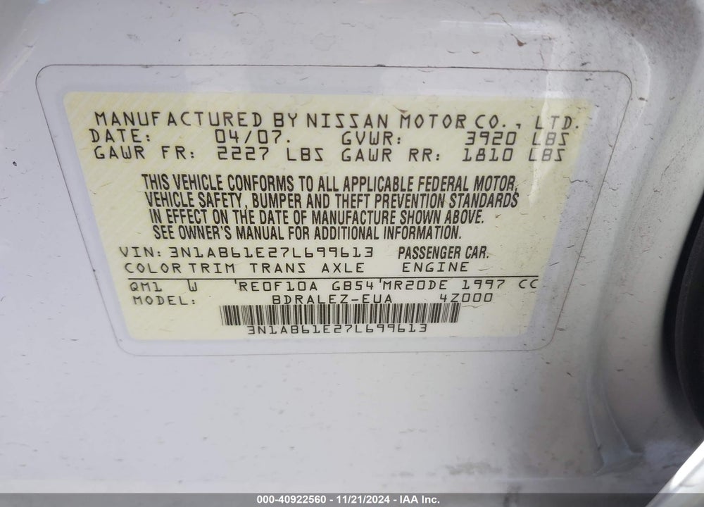 2007 NISSAN SENTRA 2.0S VIN: 3N1AB61E27L699613