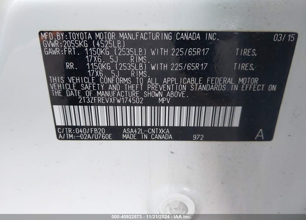 2015 TOYOTA RAV4 LE VIN: 2T3ZFREVXFW174502