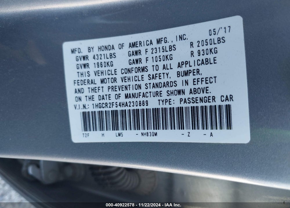 2017 HONDA ACCORD SPORT VIN: 1HGCR2F54HA230889