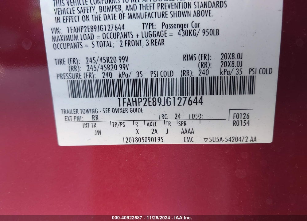 2018 FORD TAURUS SEL VIN: 1FAHP2E89JG127644