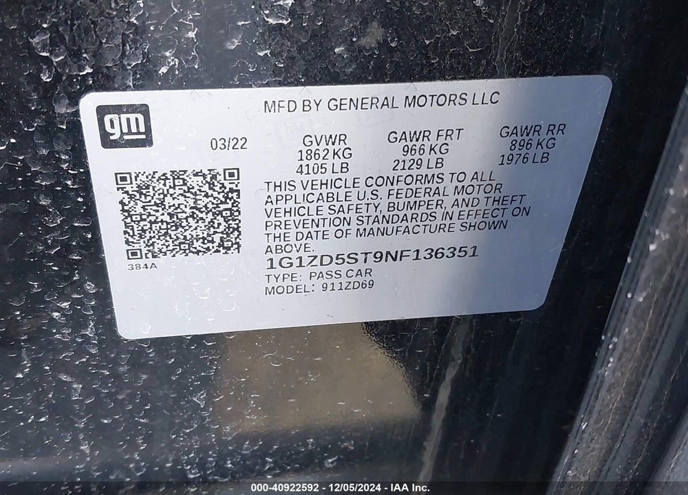 2022 CHEVROLET MALIBU FWD LT VIN: 1G1ZD5ST9NF136351
