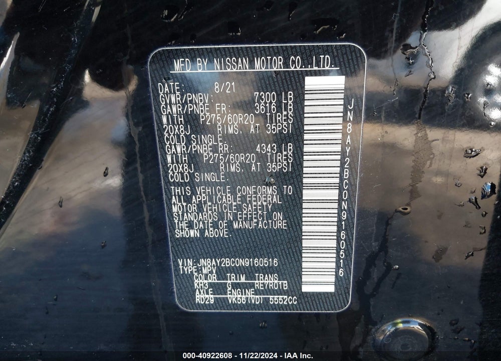 2022 NISSAN ARMADA SL 2WD VIN: JN8AY2BC0N9160516