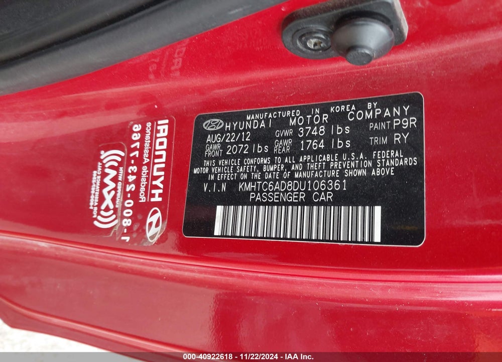 2013 HYUNDAI VELOSTER VIN: KMHTC6AD8DU106361