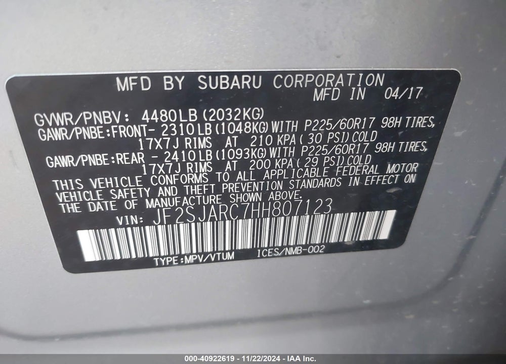 2017 SUBARU FORESTER 2.5I LIMITED VIN: JF2SJARC7HH807123