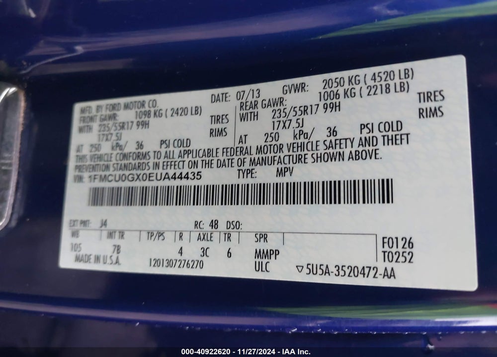 2014 FORD ESCAPE SE VIN: 1FMCU0GX0EUA44435