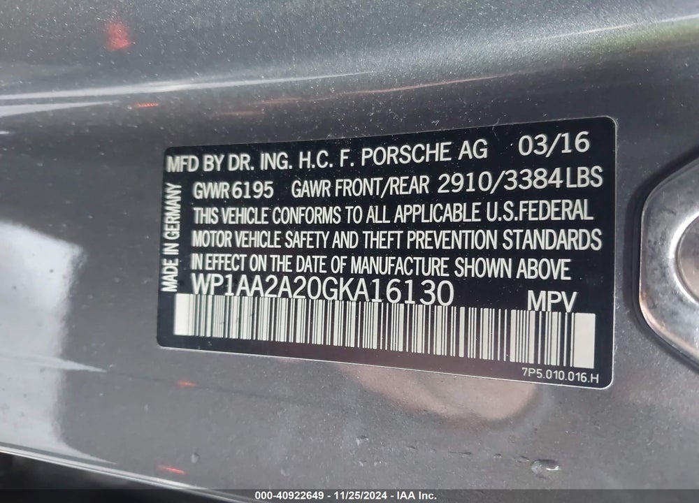 2016 PORSCHE CAYENNE VIN: WP1AA2A20GKA16130