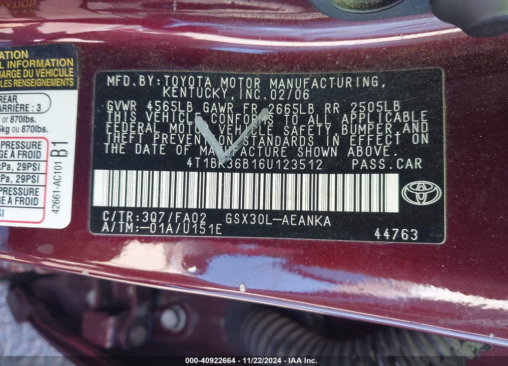 2006 TOYOTA AVALON XL VIN: 4T1BK36B16U123512