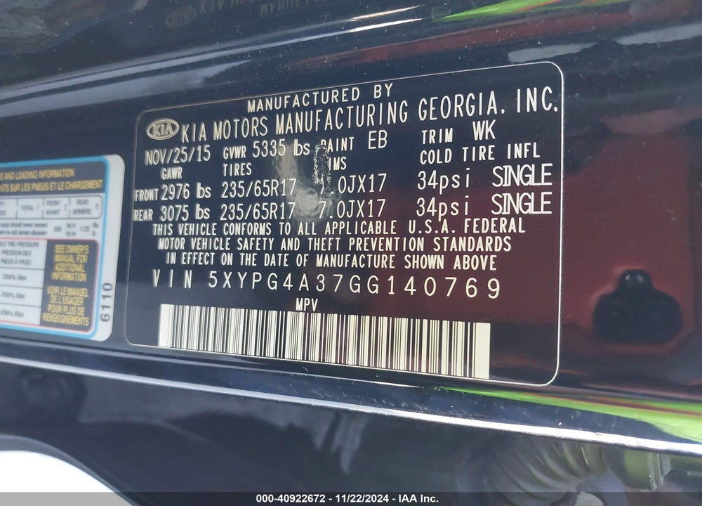 2016 KIA SORENTO 2.4L LX VIN: 5XYPG4A37GG140769