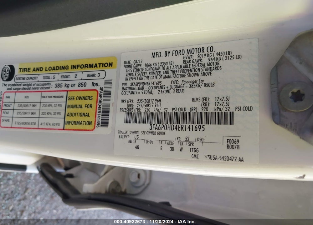 2014 FORD FUSION SE VIN: 3FA6P0HD4ER141695