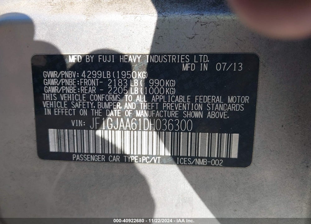 2013 SUBARU IMPREZA 2.0I VIN: JF1GJAA61DH036300