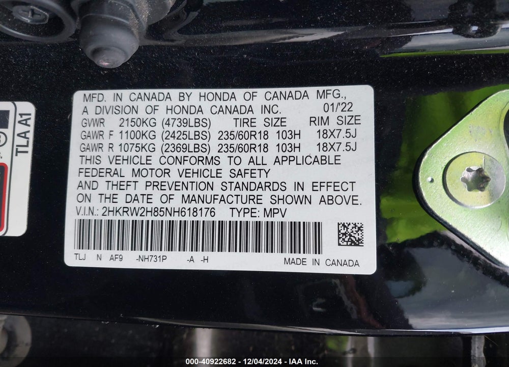 2022 HONDA CR-V AWD EX-L VIN: 2HKRW2H85NH618176